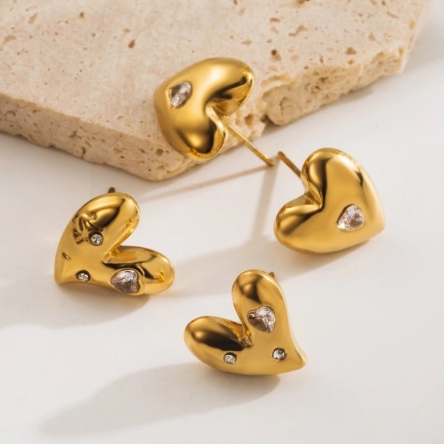 Heart Shape Zircon Ear Studs [304 Stainless Steel,18K Gold Plated]