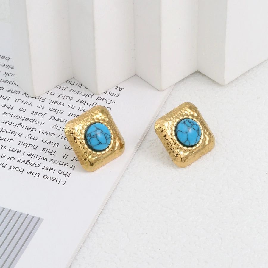 Square Natural Stone Ear Studs [304 Stainless Steel,18K Gold Plated]