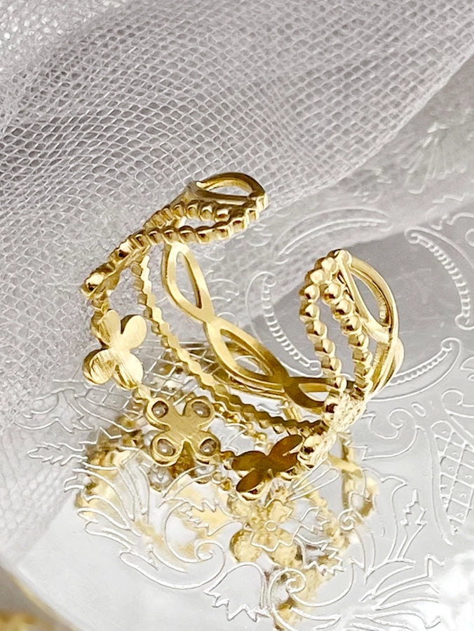 Anello aperto per perle di fiori [304 in acciaio inossidabile 14k oro placcato]