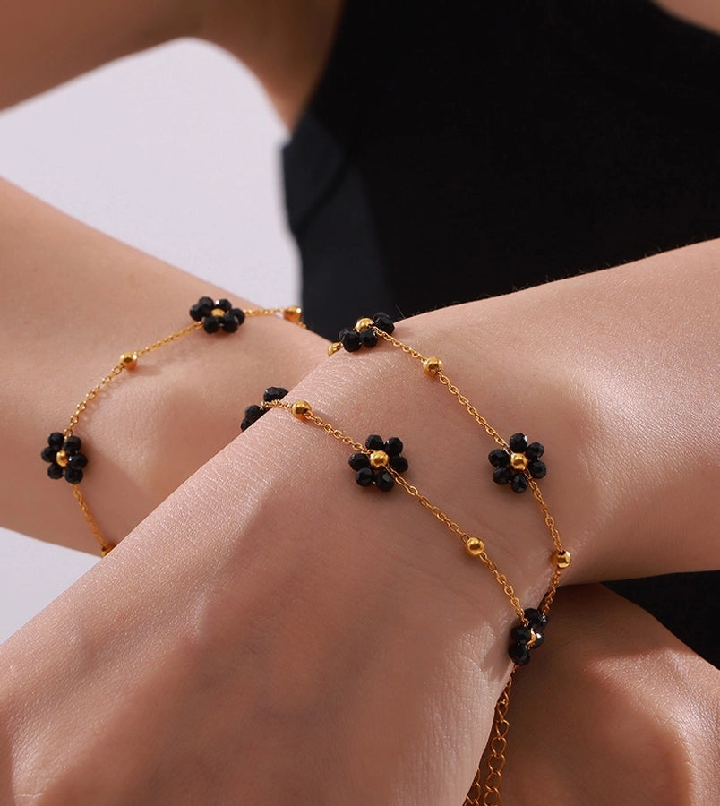 Black Daisy Flower Bracelet/Necklace [304 Stainless Steel,18K Gold Plated]