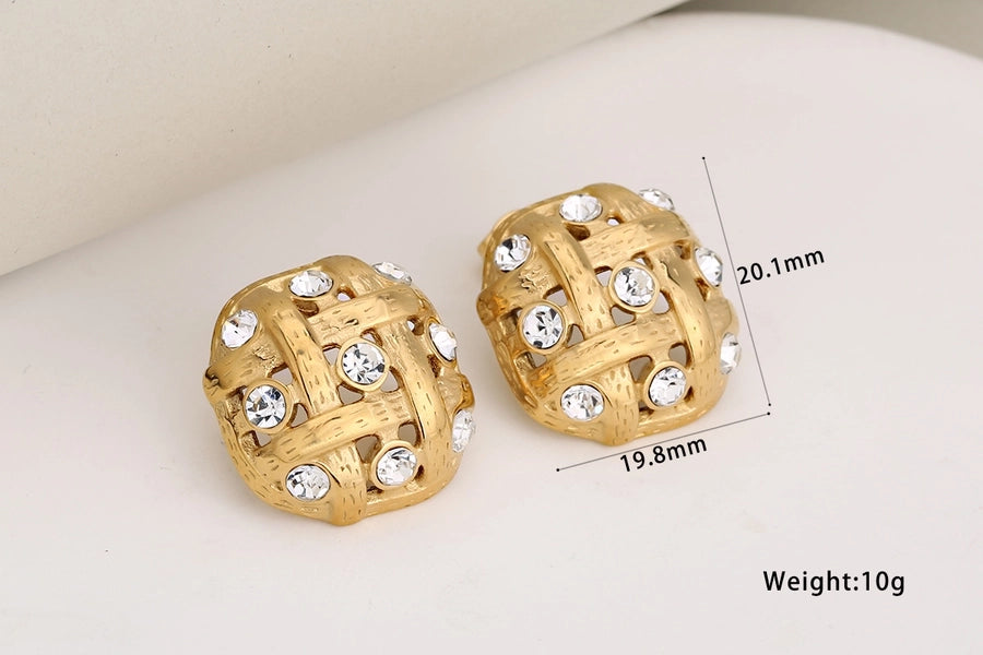 Luxurious Square Grid Rhinestone Earrings [304 Stainless Steel,18K Gold Plated]