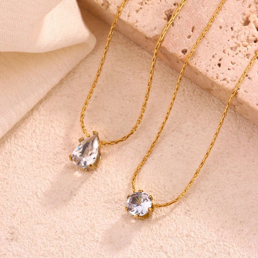 Round Water Droplets Artificial Rhinestones Necklace [304 Stainless Steel,18K Gold Plated]