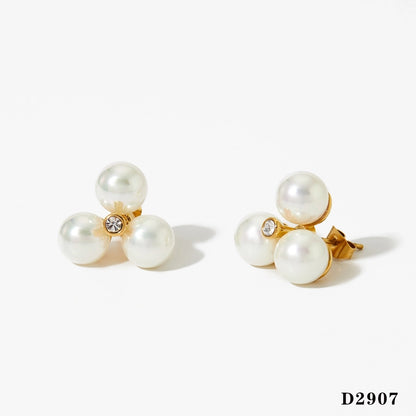 Three Pearl Earrings [304 Stainless Steel,16K Gold Plated]