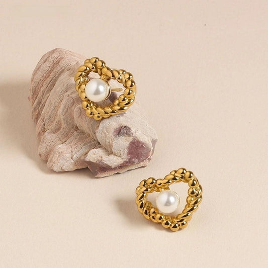 Heart Shape Pearl Earrings [304 Stainless Steel, 18K Gold Plated]