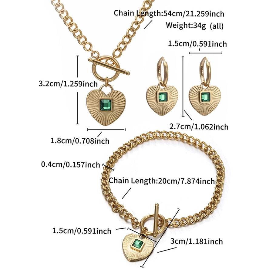 Heart Shape Green Artificial Gemstones Jewelry Set [304 Stainless,Steel 14K Gold Plated]