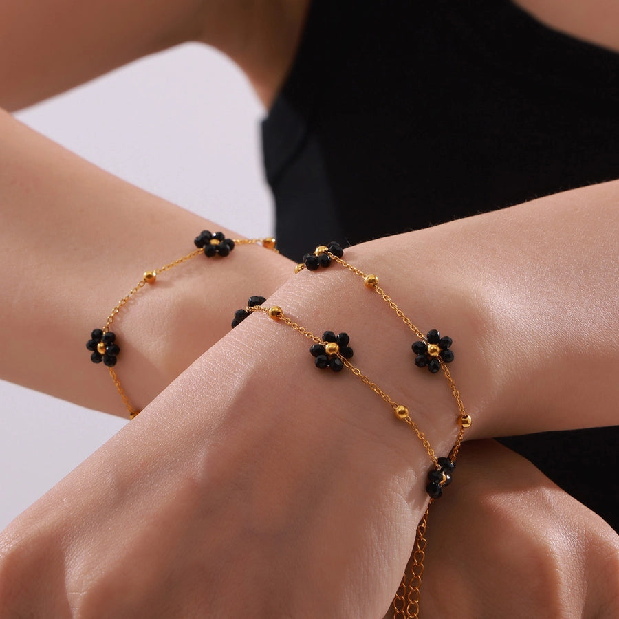 Black Daisy Flower Bracelet/Necklace [304 Stainless Steel,18K Gold Plated]