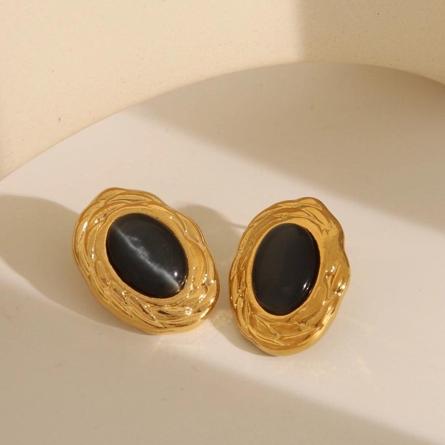 Oval Natural Stone Ear Studs [304 Stainless Steel,18K Gold Plated]