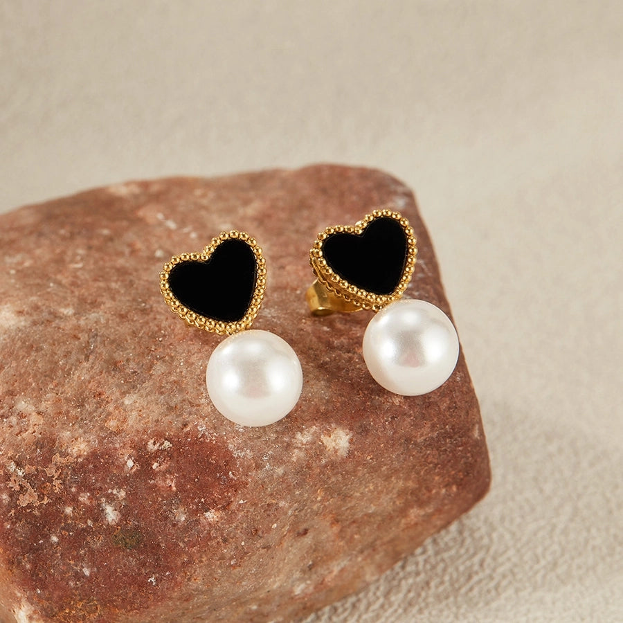 Black Heart Shape Pearl Earrings [304 Stainless Steel]