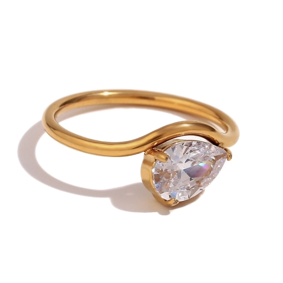 Triangle Round Water Droplets Zircon Ring [304 Stainless Steel, 18K Gold Plated]