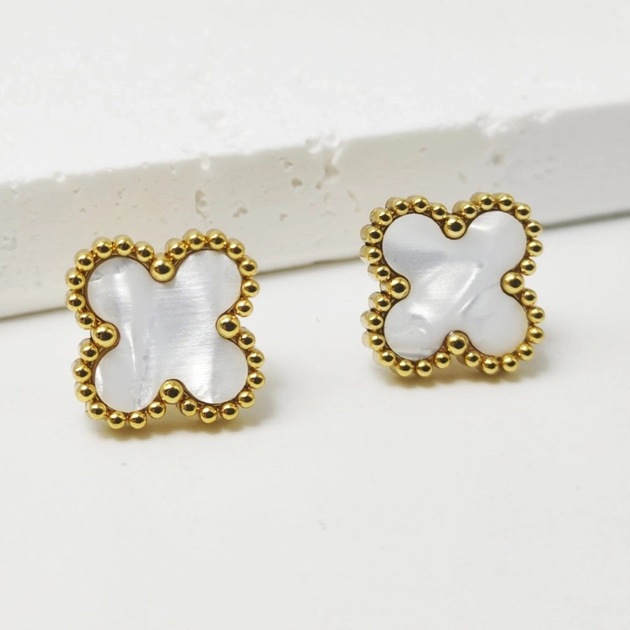 Four Leaf Clover Fritillary Stud Earrings [304 Stainless Steel,18K Gold Plated]