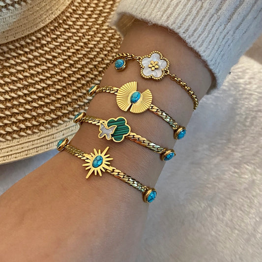 Flower Butterfly Turquoise Bracelets [Stainless Steel,18K Gold Plated]