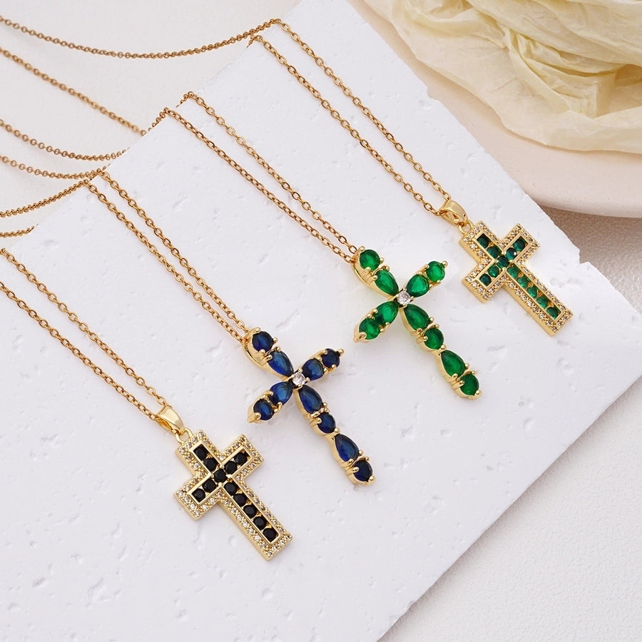 Cross Zircon Pendant Necklace [304 Stainless Steel,Copper]