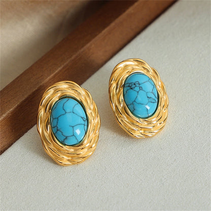 Oval Turquoise Earrings [304 Stainless Steel, 18K Gold Plated]