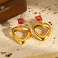 Red Rhinestone Heart Shape Earrings [304 Stainless Steel,18K Gold Plated]