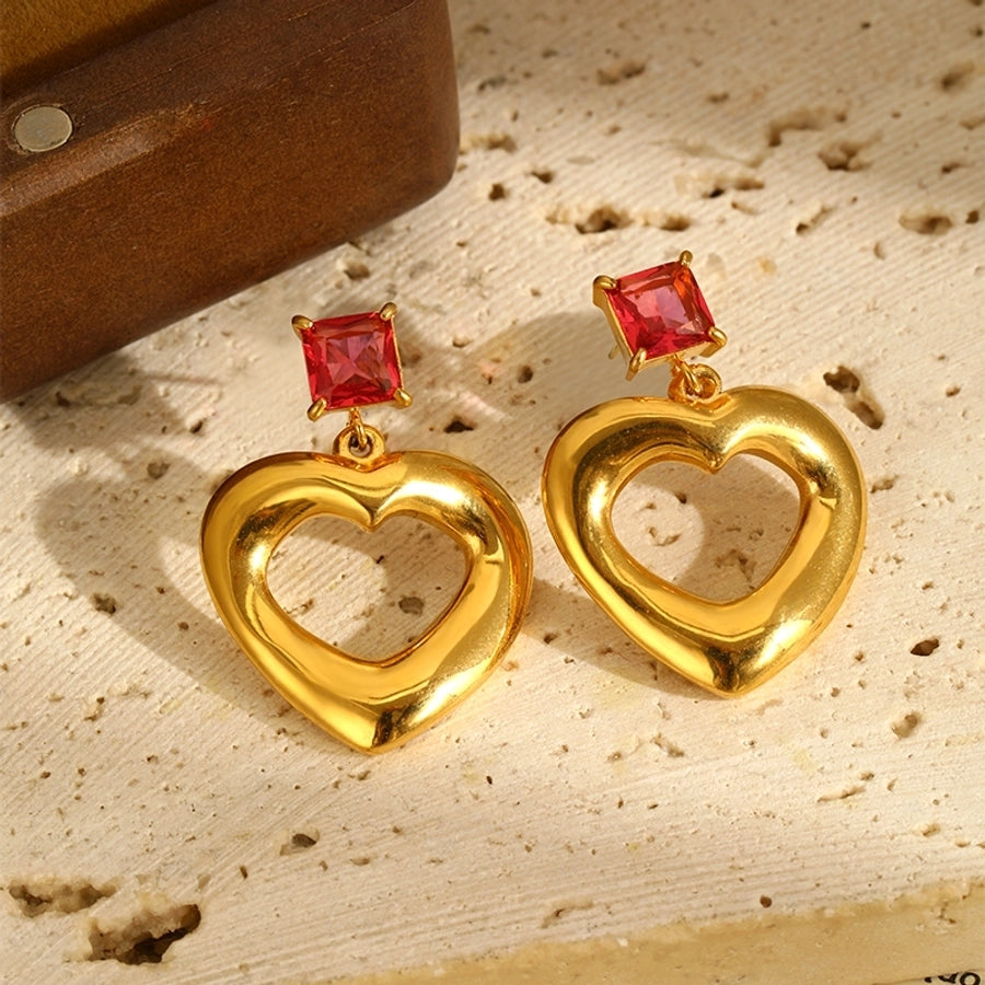 Red Rhinestone Heart Shape Earrings [304 Stainless Steel,18K Gold Plated]