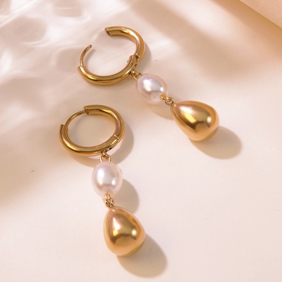 Pearl Teardrop Drop Earrings [304 Stainless Steel,18K Gold Plated]