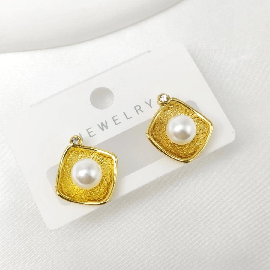 Square Pearl Earrings [304 Stainless Steel,18K Gold Plated]