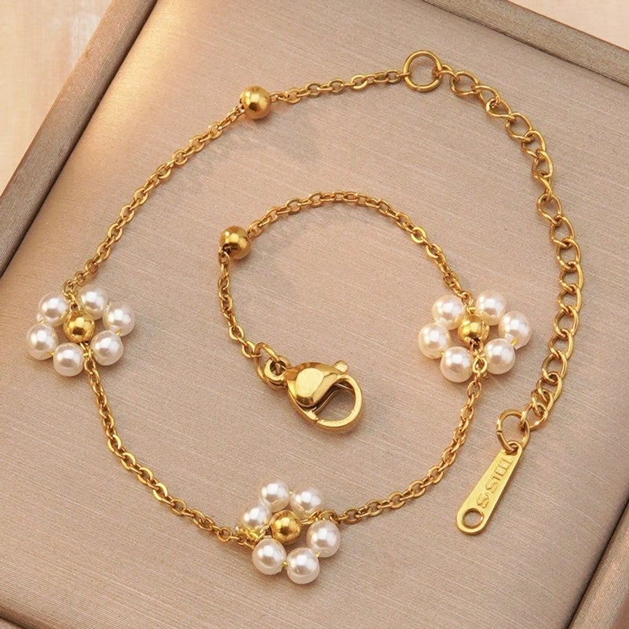 White Daisy Flower Bracelet [304 Stainless Steel,18K Gold Plated]