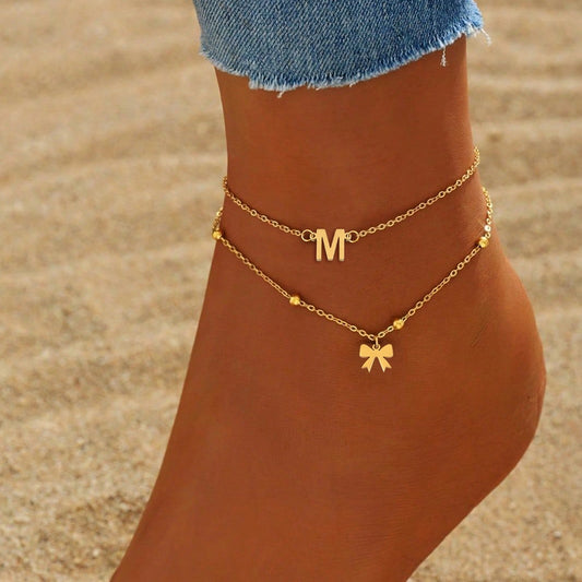 Bow Knot Letter Anklet [201,304 rustfritt stål]