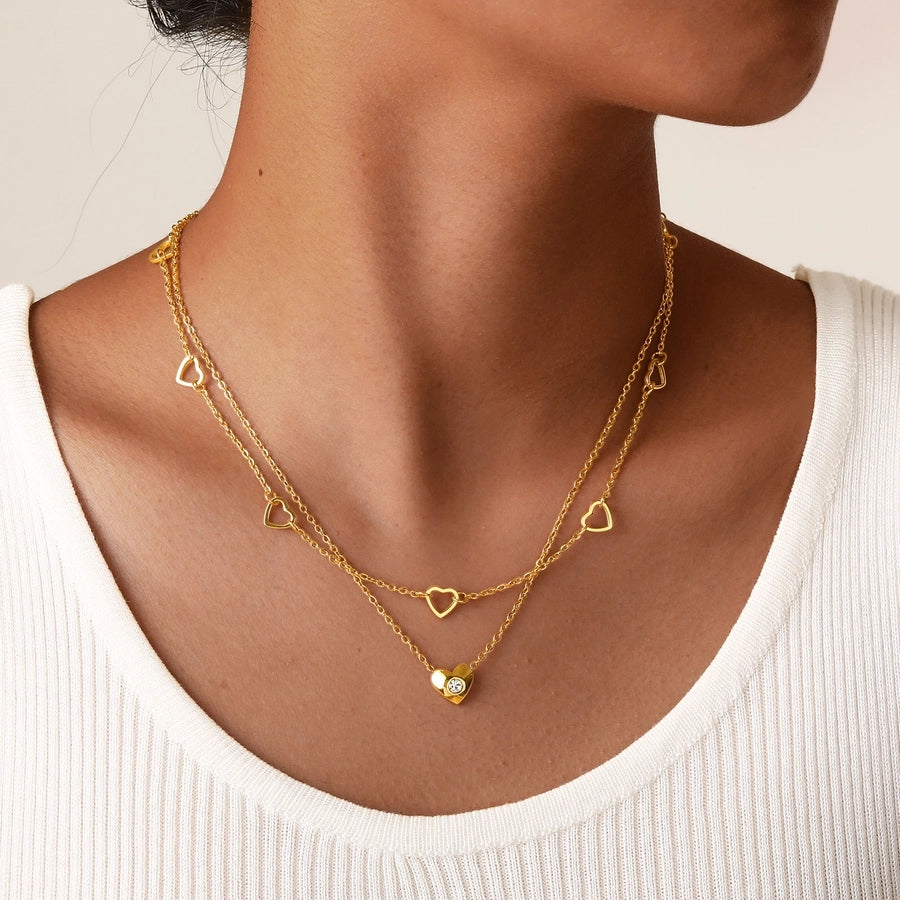 Hartvorm Hollow Double Layer Necklace [304 roestvrij staal, 18K vergulde goud]