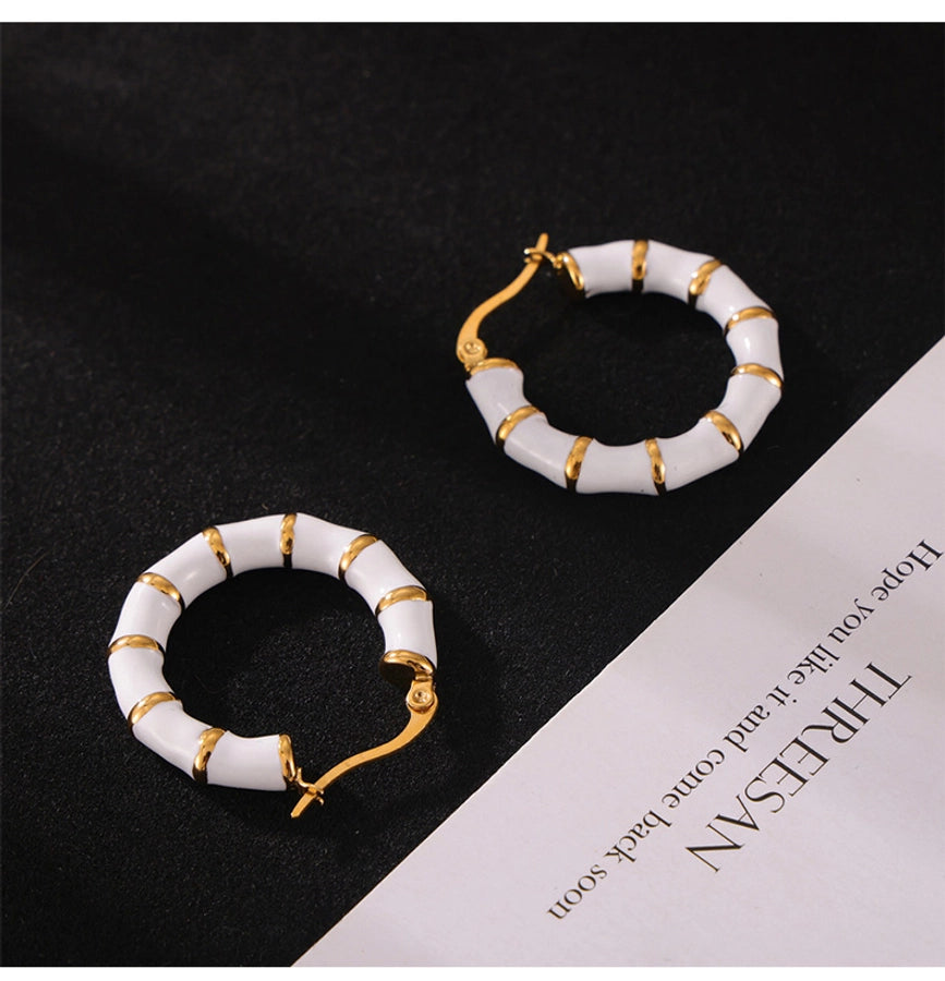 U Shape Bamboo Enamel Earrings [304 Stainless Steel,18K Gold Plated]