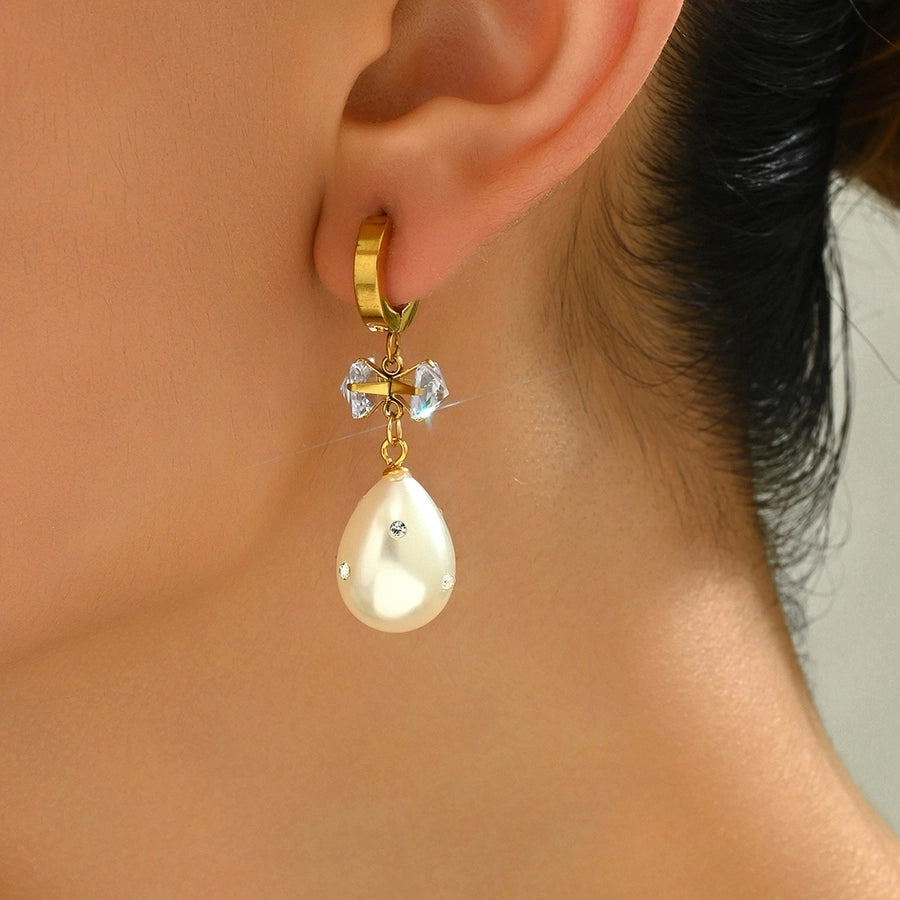 Square Water Droplets Artificial Pearls Zircon Drop Earrings [201 Stainless Steel,18K Gold Plated]