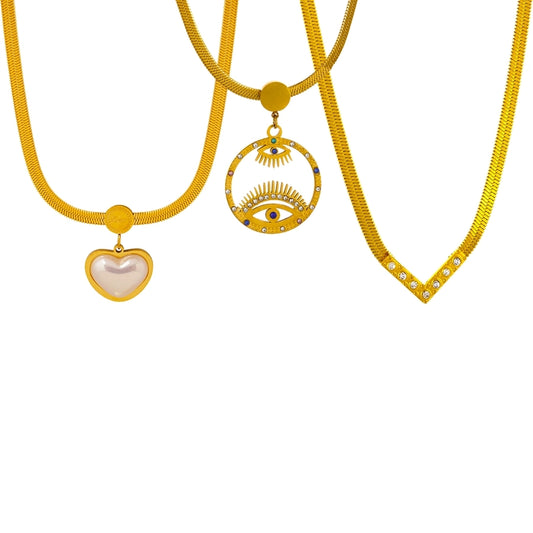 V Shape Devil's Eye Heart Shape Necklace [304 Stainless Steel 18K Gold Plated]