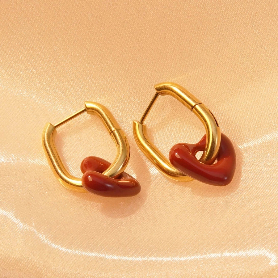 Red Heart Shape Earrings [304 Stainless Steel,18K Gold Plated]