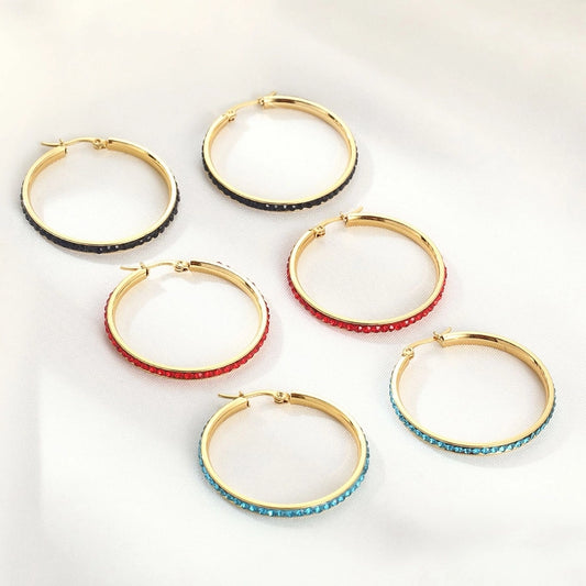 Studded withRhinestones Color Hoop Earrings [Stainless Steel]