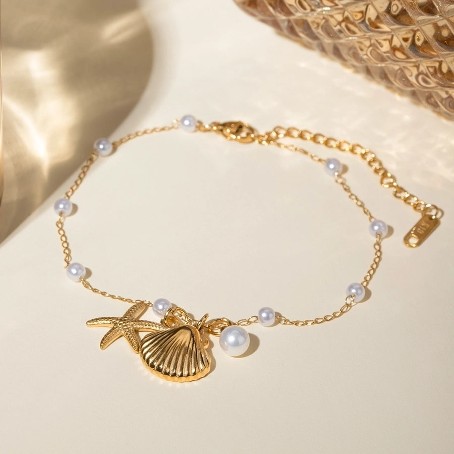 Starfish Shell Pearl Anklet [304 Stainless Steel, 18K Gold Plated]