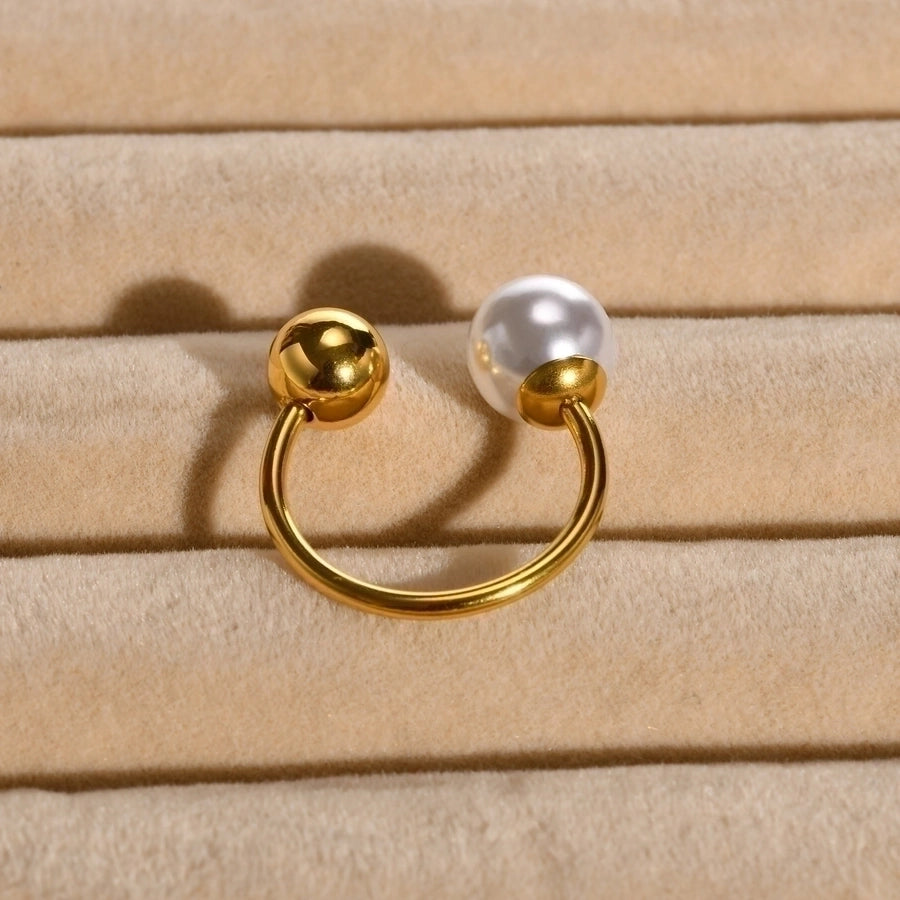 Single Pearl Single Bead Open Ring [304 Stainless Steel 18K Gold Plated]