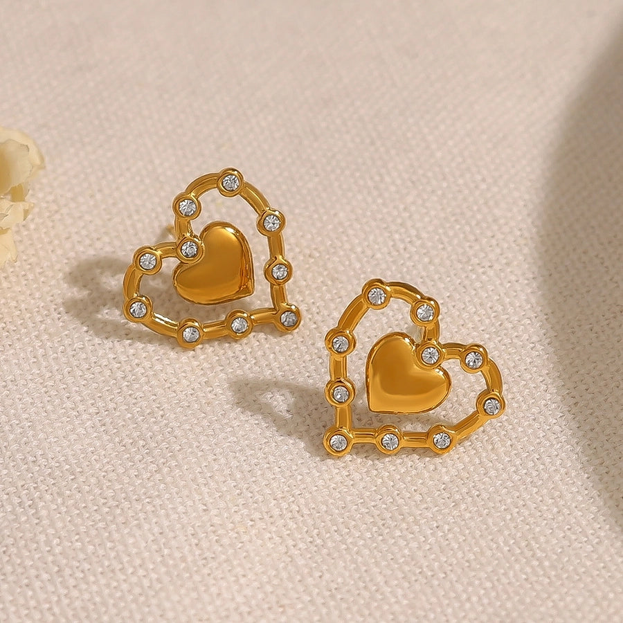 Heart Shape Polishing Zircon Earrings [304 Stainless Steel,18K Gold Plated]