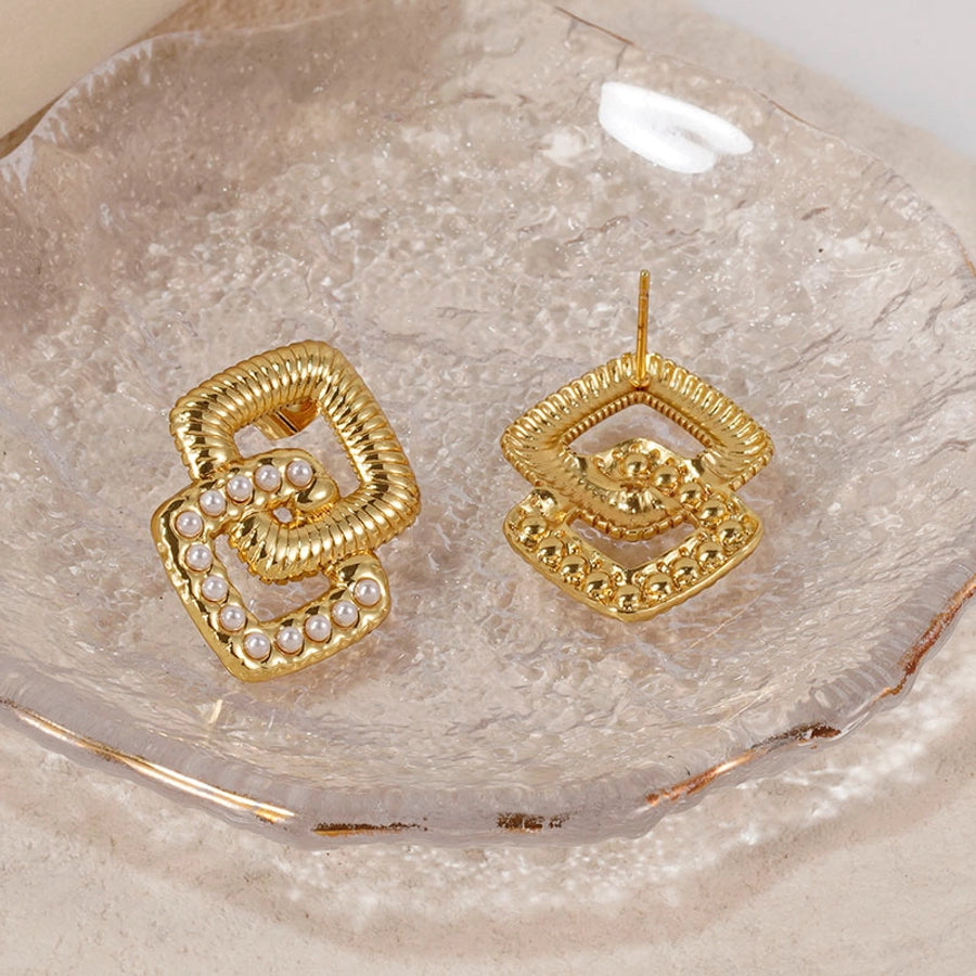 Square Artificial Pearls Drop Earrings [201 Stainless Steel,18K Gold Plated]