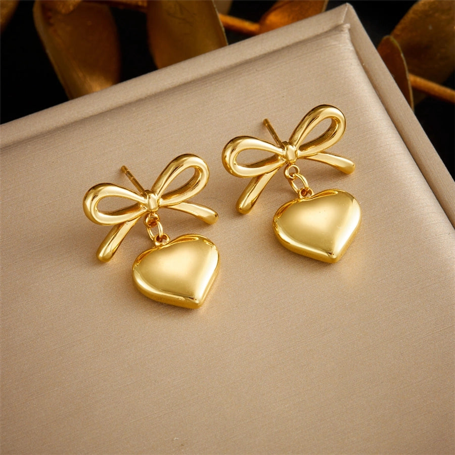 Heart Shape Bow Knot Earrings [304 Stainless Steel,18K Gold Plated]