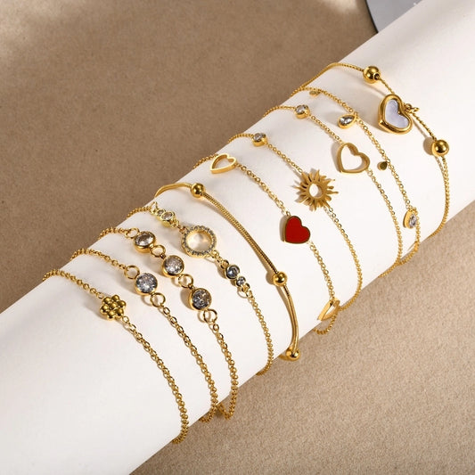 Bracelets en zircon de forme ronde / coeur / fleur [304 en acier inoxydable, 18 carkets en or]