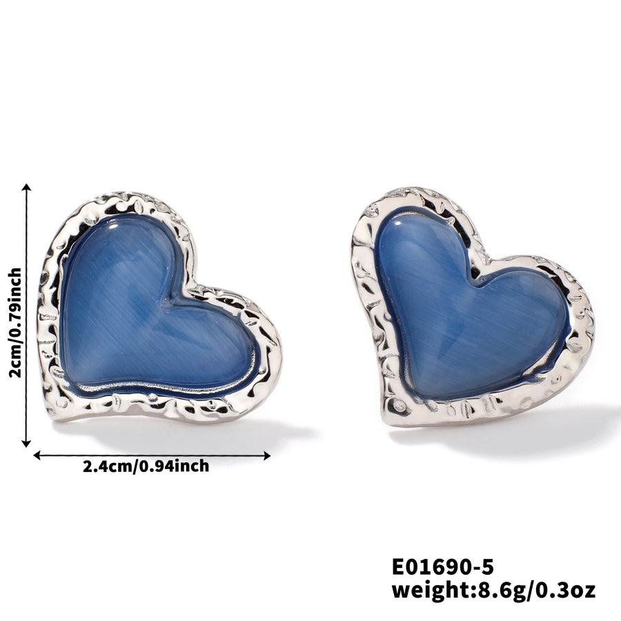 Silver Heart Steel Natural Stone Earrings [304 Stainless Steel]