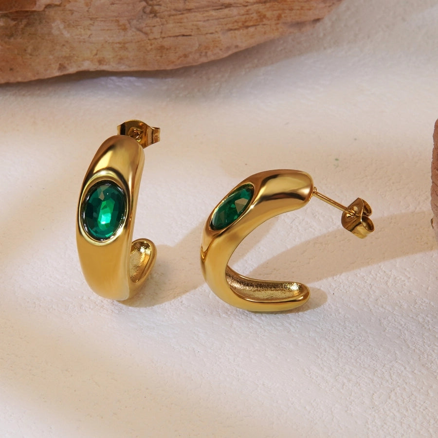 Green Stone Earrings [304 Stainless Steel,18K Gold Plated]