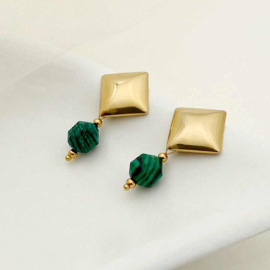 Folhas verdes Brincos de queda de rombus [304 aço inoxidável, 14k ouro banhado]