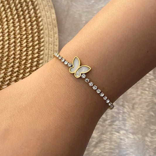 Pulseiras de zircão de coração/flor/borboleta [304 aço inoxidável, peito de ouro de 18k]