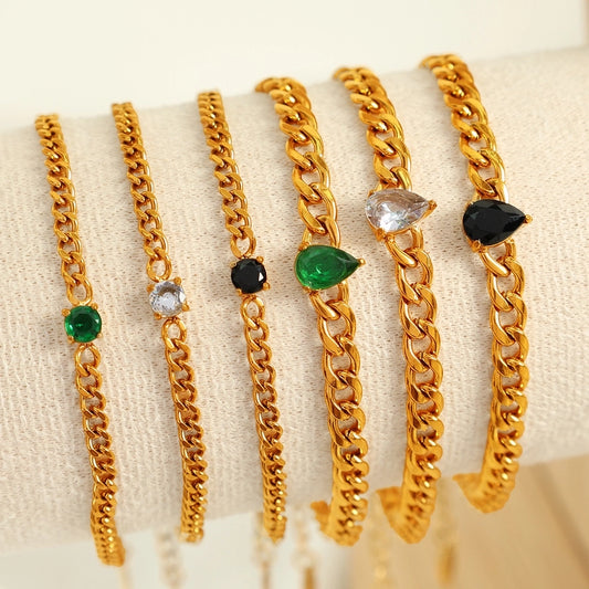 Glass Stone Curb Chain Bracelet [304 Stainless Steel,18K Gold Plated]