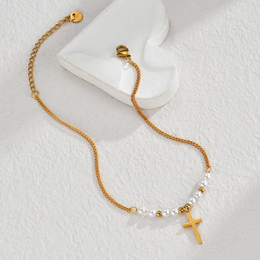 Cross Pearl Beaded Anklet [304 Stainless Steel, 14K Gold Plated]