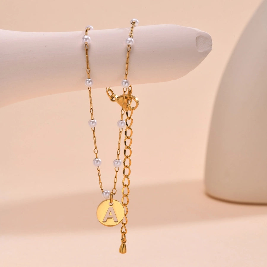 Letter Pearl Anklet [201 Stainless Steel, 18K Gold Plated]