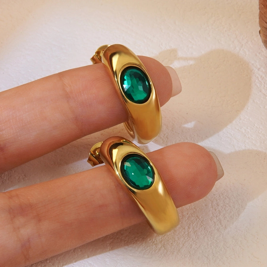 Green Stone Earrings [304 Stainless Steel,18K Gold Plated]