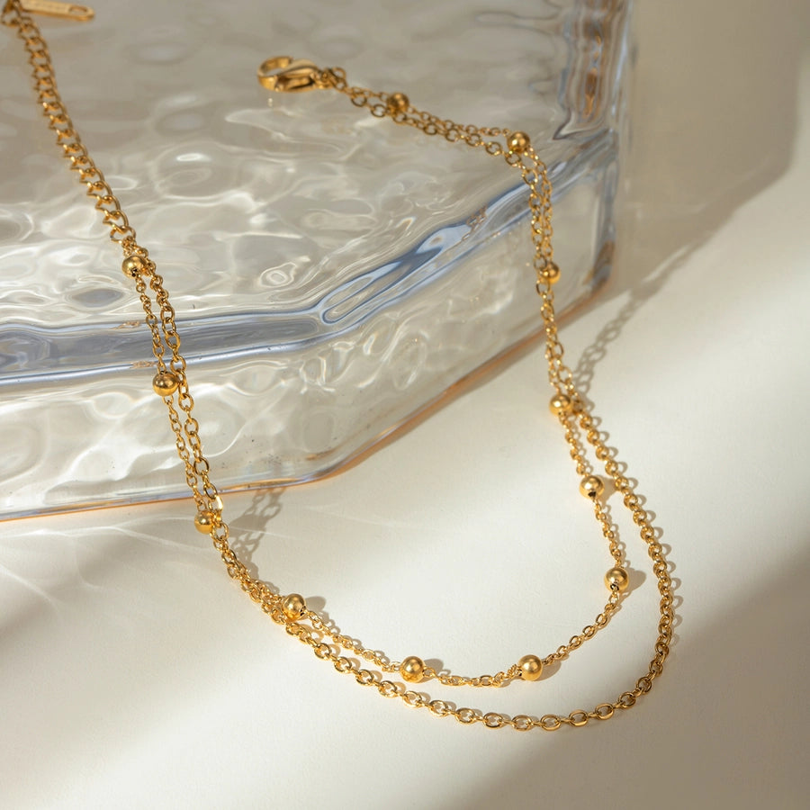 Gold Beads Layered Chain Anklet [304 Stainless Steel, 18K Gold Plated]