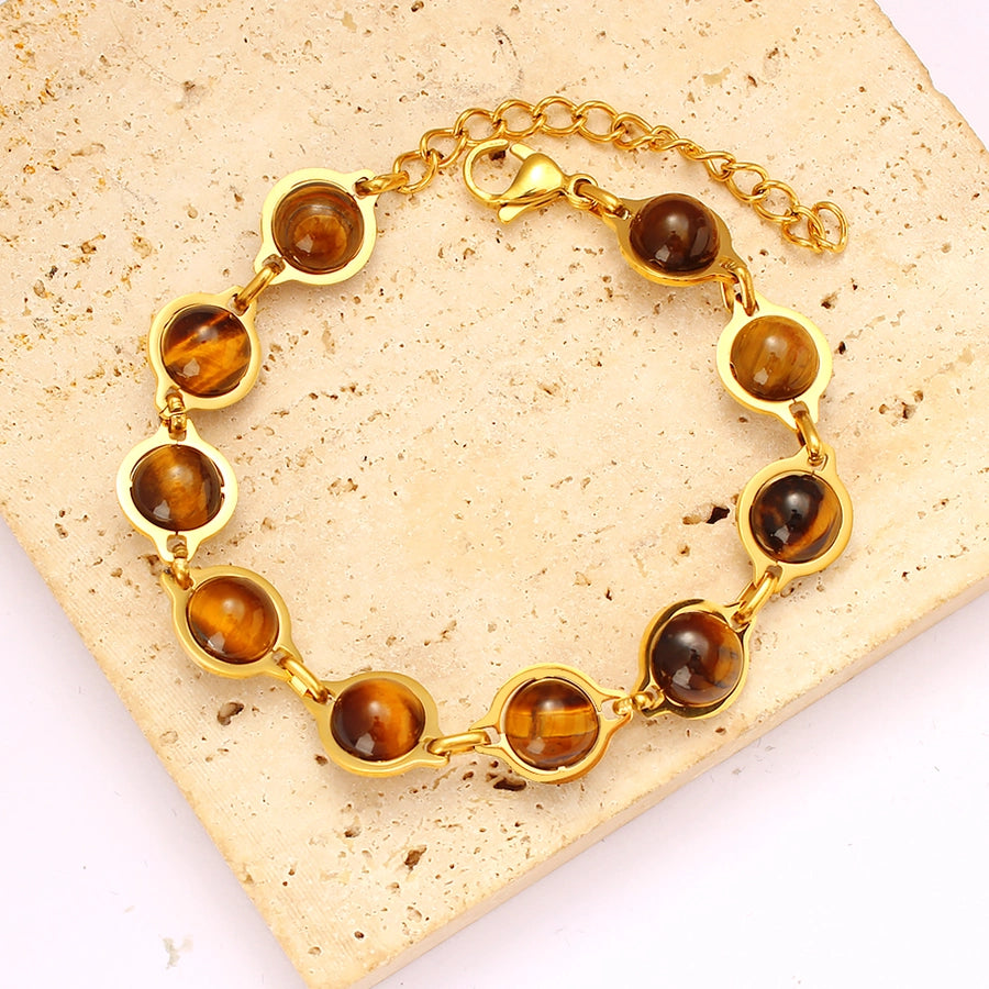 Round Agate, Tigereye Bracelet [304 Stainless Steel,18K Gold Plated]