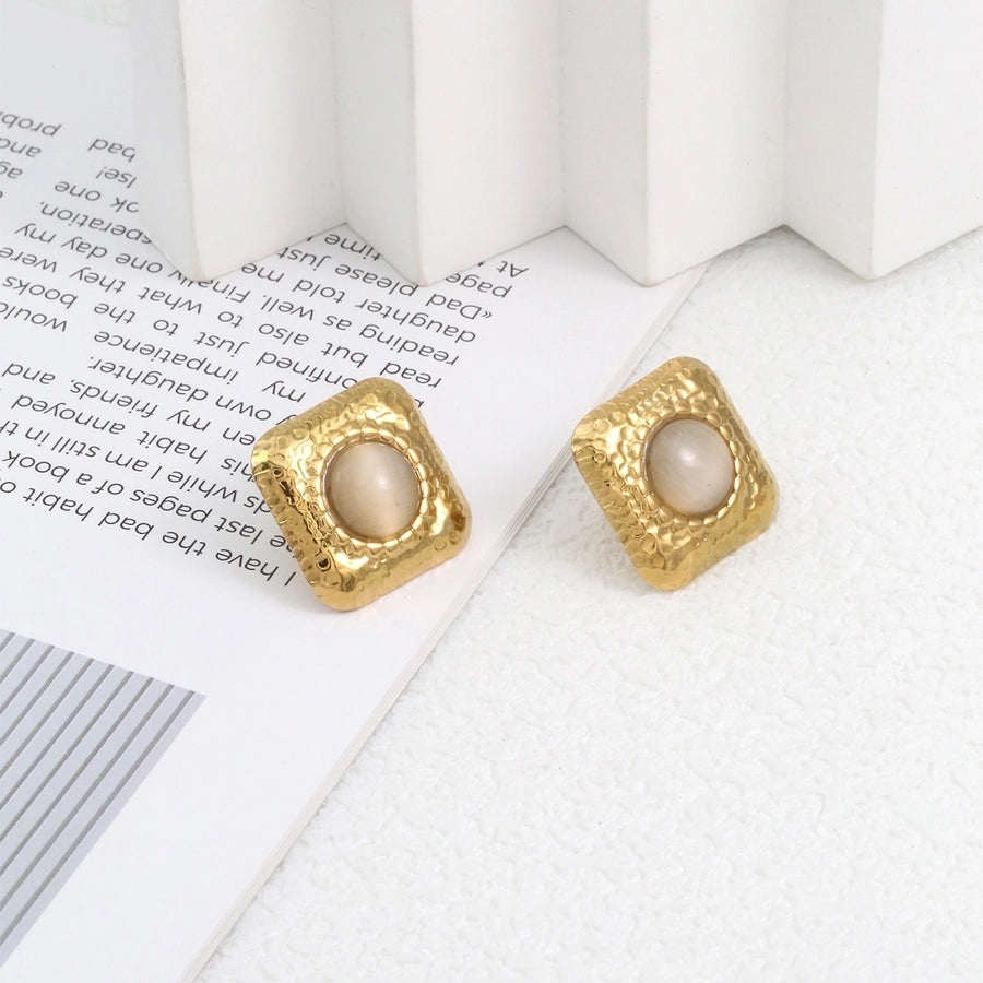 Square Natural Stone Ear Studs [304 Stainless Steel,18K Gold Plated]