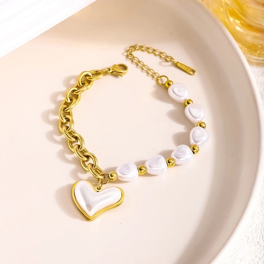 Heart Shape Beaded PearlBracelet/Necklace/Jewelry Set [304 Stainless Steel, 18K Gold Plated]