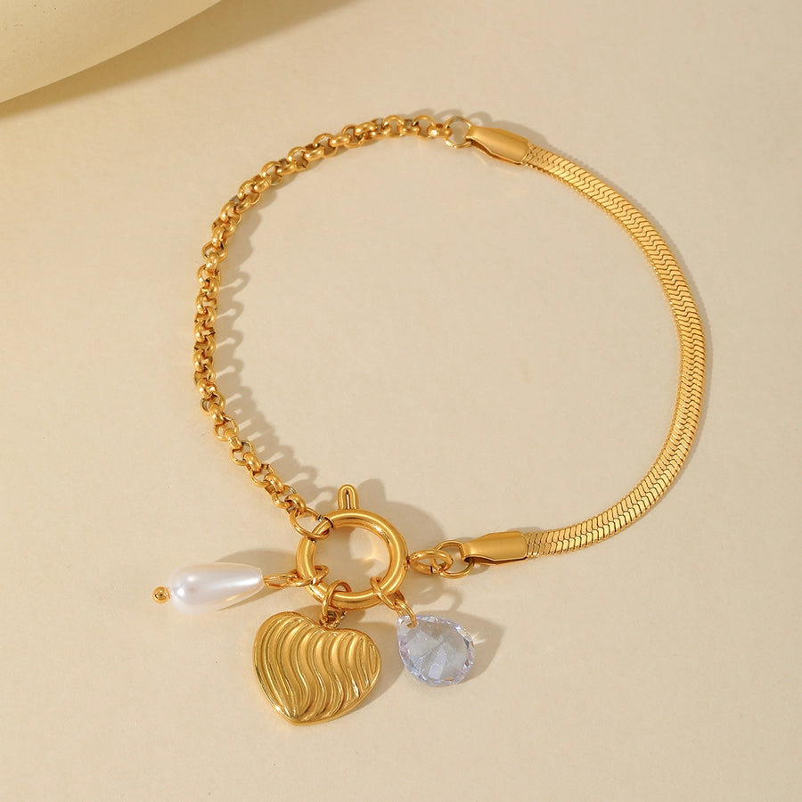 Cross Heart Shape Flower Pearl Bracelet [304 Stainless Steel 18K Gold Plated]