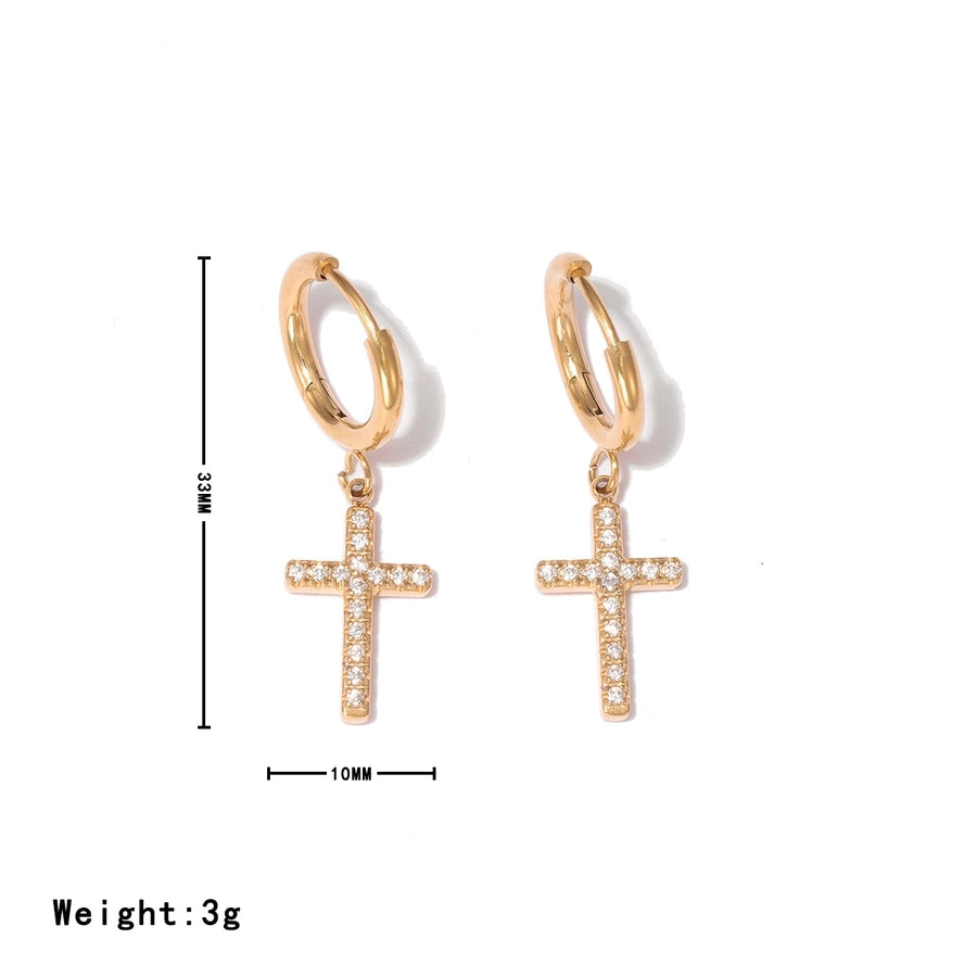 Cross Zircon Drop Earrings [304 Stainless Steel,16K Gold Plated]