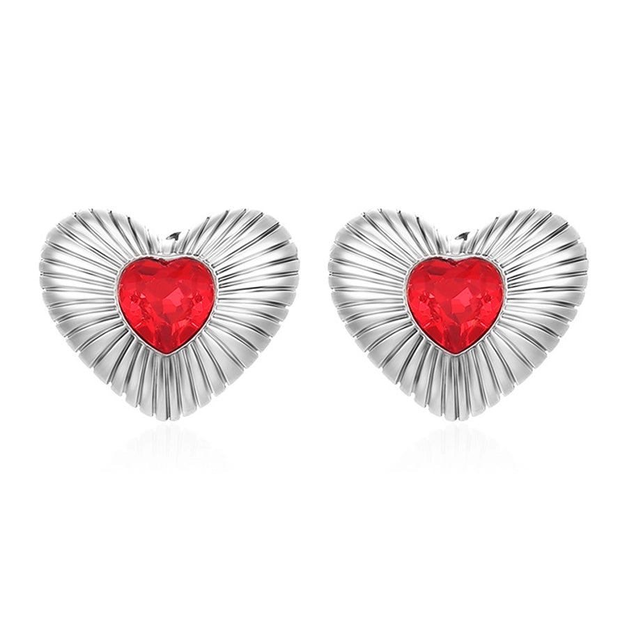 Red Zircon Heart Stud Earrings [304 Stainless Steel]